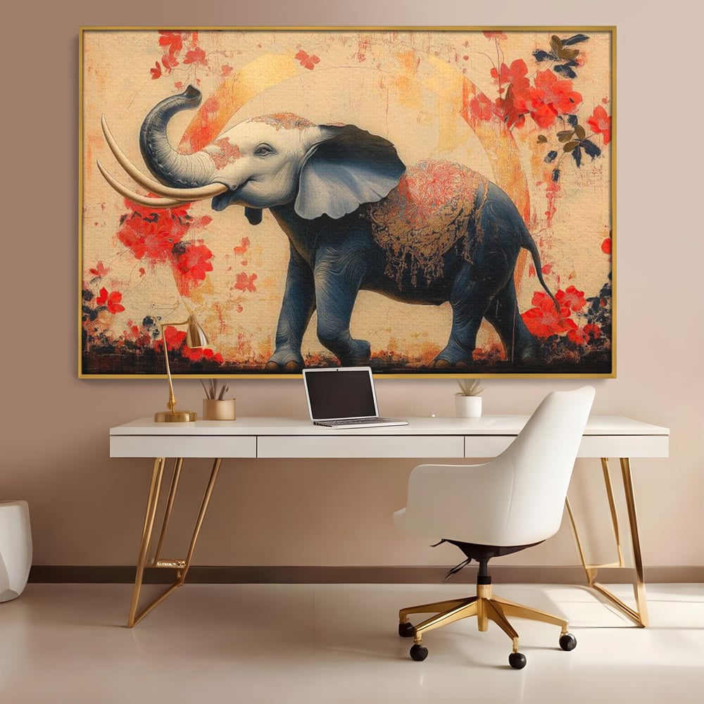 Tablou canvas cu tablou canvas cu elefant albastru, in rama de aluminiu auriu, pe perete intr-un birou